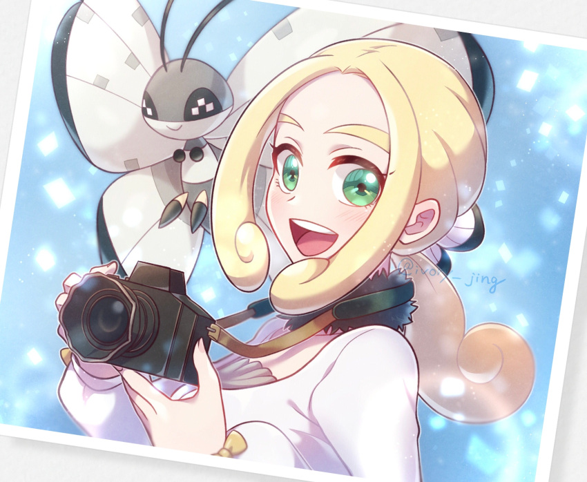 1girl, :d, blonde_hair, blue_background, blush, camera, coat, commentary_request