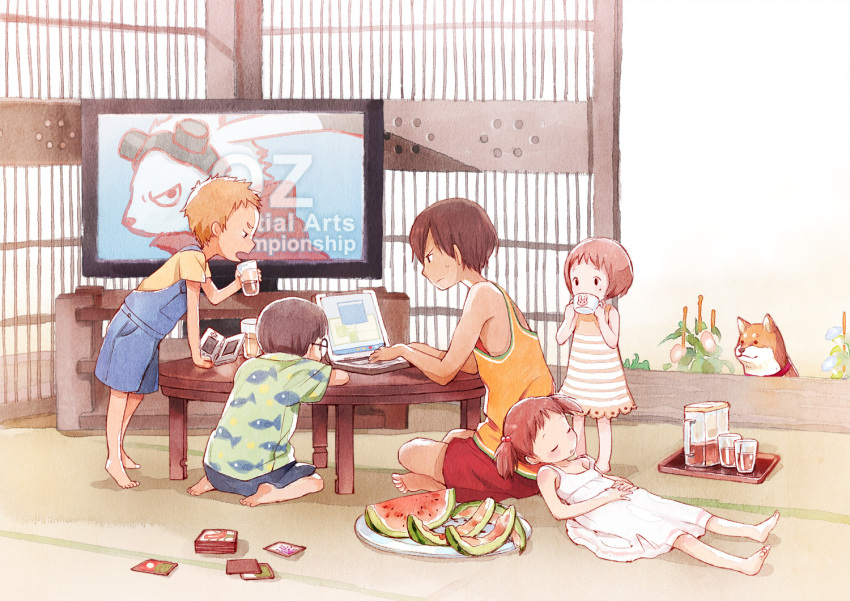 barefoot, child, computer, dog, dress, drinking, feet, food