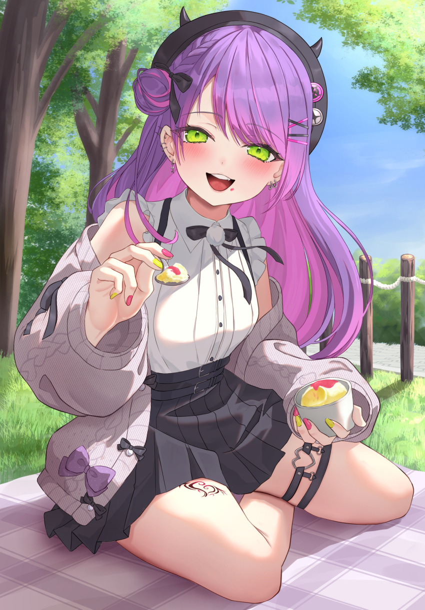 1girl, 339_akano, aran_sweater, beret, black_bow, black_bowtie, black_headwear, black_ribbon, black_skirt, blush, bow, bowtie, cable_knit, cardigan, collared_shirt, colored_inner_hair, commentary_request, demon_girl, ear_piercing, fake_horns, fang, food, frilled_shirt, frilled_sleeves, frills, gradient_hair, green_eyes, grey_cardigan, hair_bun, hair_ornament, hair_ribbon, hairclip, hat, heart_o-ring, high-waist_skirt, highres, holding, holding_food, hololive, horned_headwear, horns, incoming_food, jirai_kei, leg_tattoo, long_hair, looking_at_viewer, multicolored_hair, multicolored_nails, o-ring, o-ring_thigh_strap, official_alternate_costume, one_side_up, open_cardigan, open_clothes, open_mouth, piercing, pink_hair, pleated_skirt, pointy_ears, pom_pom_(clothes), purple_hair, ribbon, shirt, short_sleeves, side_up_bun, single_side_bun, skirt, solo, streaked_hair, suspender_skirt, suspenders, sweater, swept_bangs, tattoo, teeth, thigh_strap, tokoyami_towa, tokoyami_towa_(jirai_kei), upper_teeth_only, virtual_youtuber, white_shirt