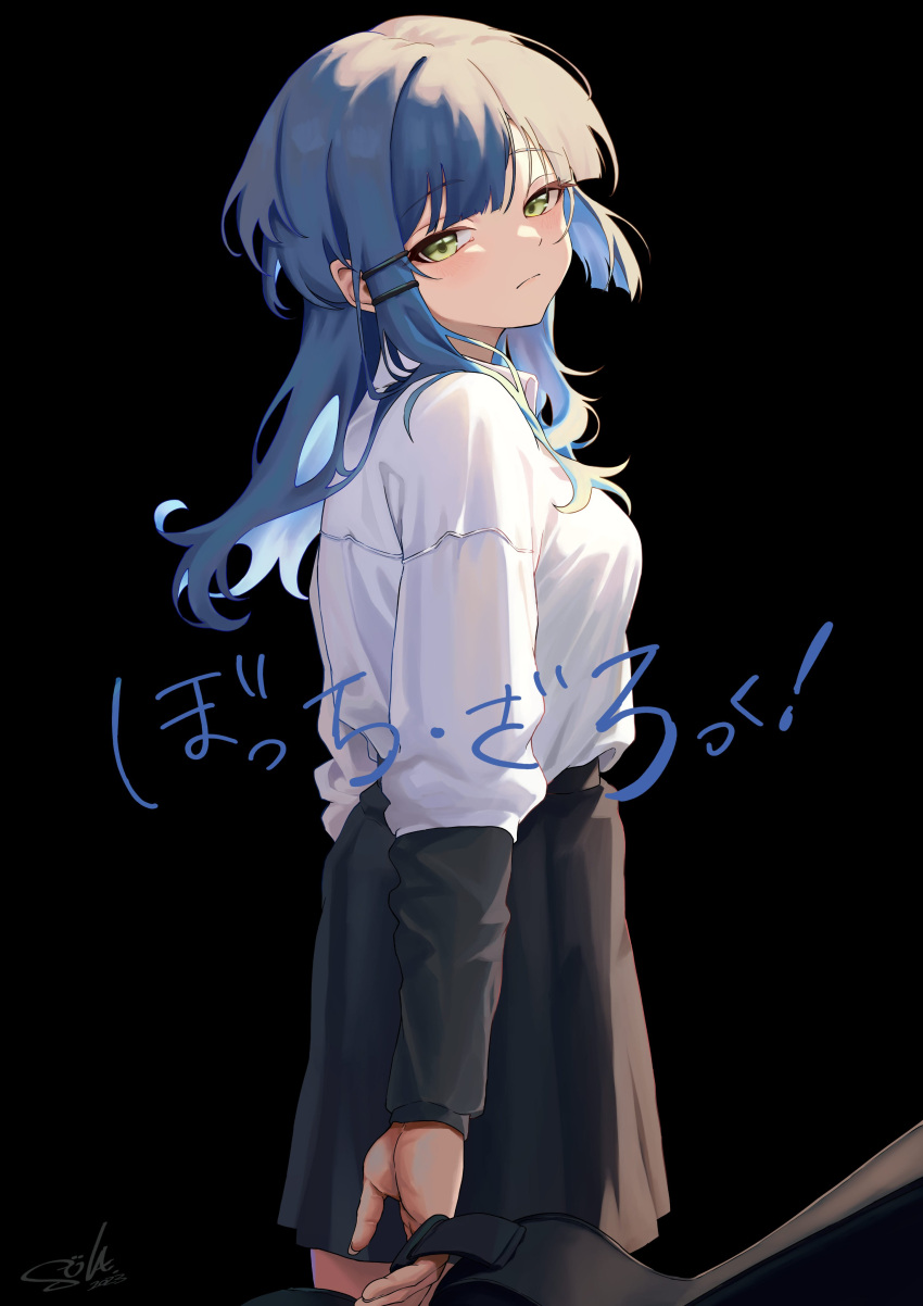 absurdres, alternate_hairstyle, blue_hair, bocchi_the_rock!, breasts, enferverge, from_behind, gigbag