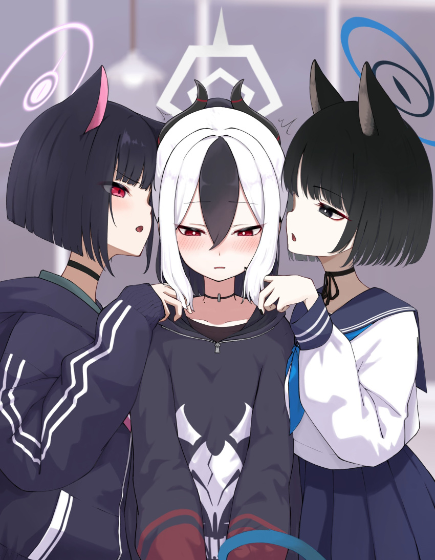 3girls, absurdres, animal_ears, bakeneko, black_choker, black_eyes, black_hair, black_hoodie