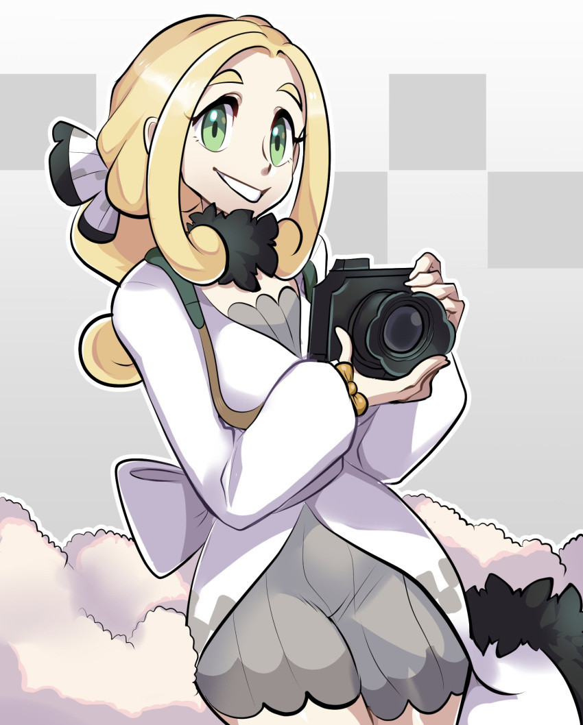 1girl, blonde_hair, camera, cowboy_shot, gradient_background, green_eyes, grey_background, highres