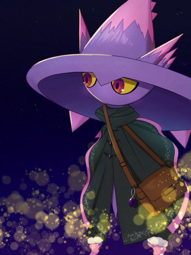 bag, black_cloak, brown_bag, buttons, cloak, colored_sclera, commentary_request, gradient_background, looking_to_the_side, mismagius, nakaraso_(xtns3483), no_humans, pokemon, pokemon_(creature), red_eyes, shoulder_bag, solo, yellow_sclera