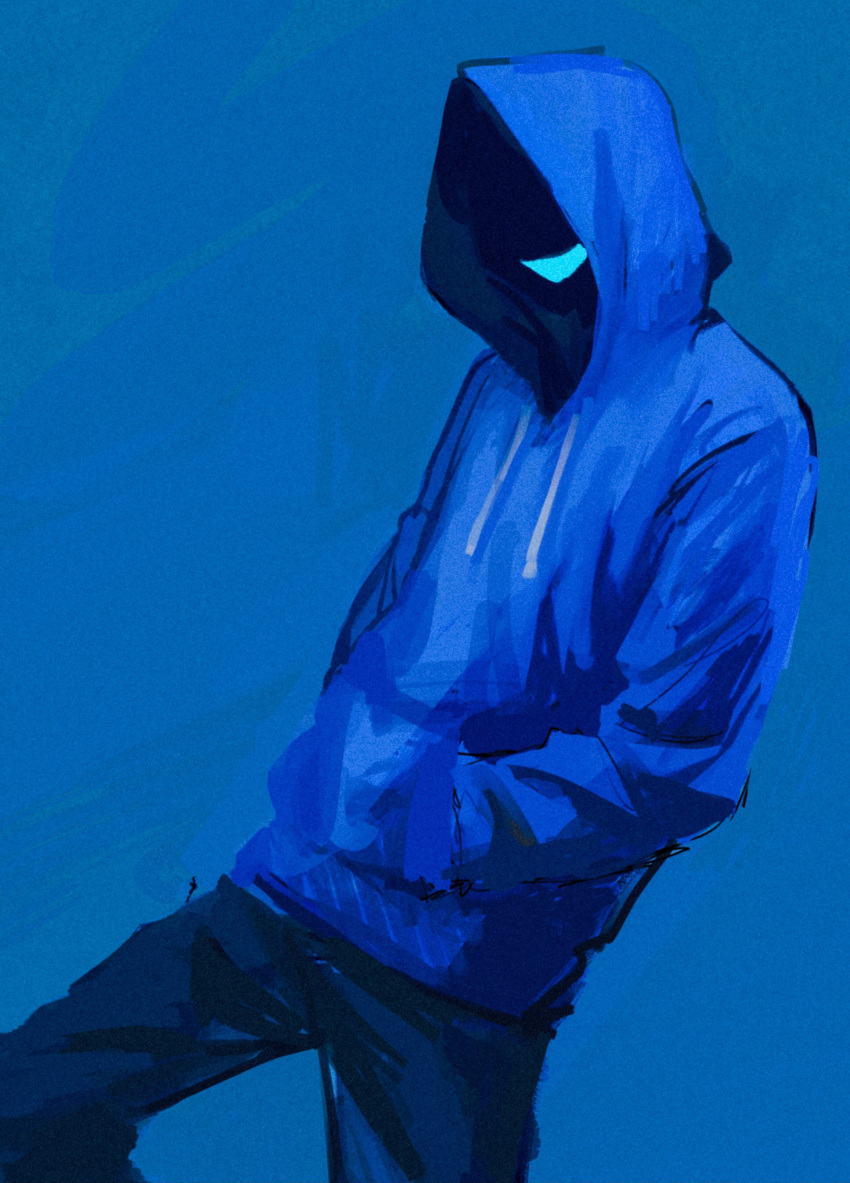 1boy, absurdres, blue_background, blue_hoodie, blue_mouth, blue_pants, blue_theme, drawstring