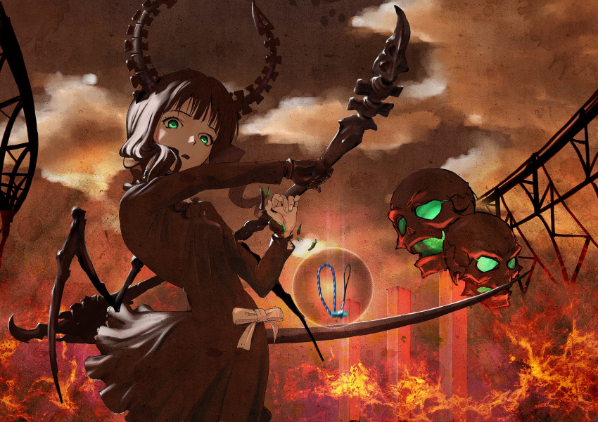 amon_(mulciber), black_rock_shooter, bow, dead_master, dress, fire, green_eyes, horns
