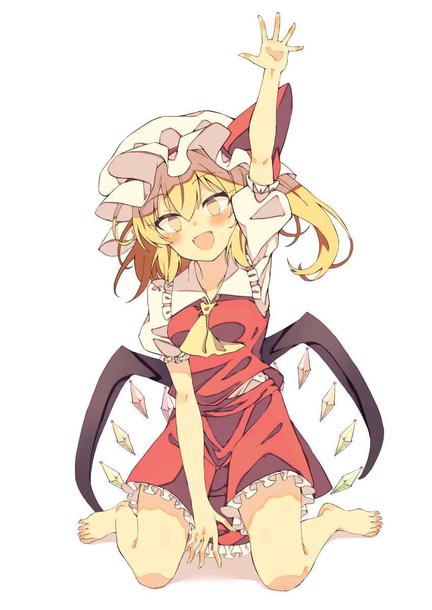1girl, :d, absurdres, arm_up, ascot, barefoot, between_legs, blonde_hair