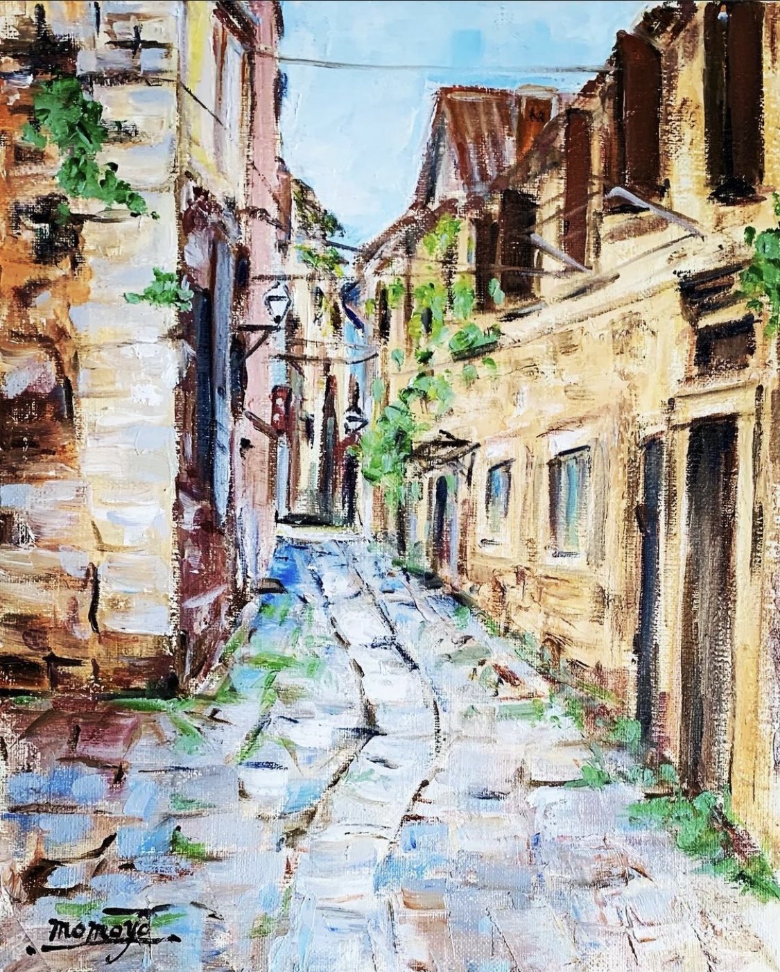 brick_road, building, highres, momo7rosemary, no_humans, original, pastel_(medium), path