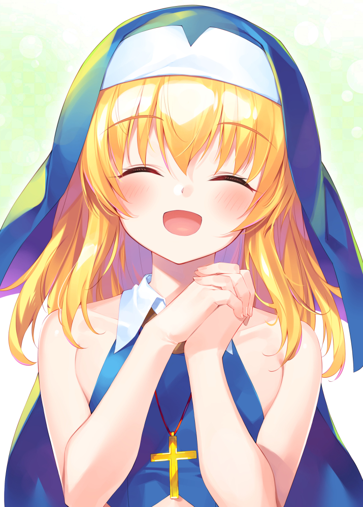 1girl, ^_^, bare_arms, blonde_hair, blue_shirt, blue_veil, bucchake_(asami), closed_eyes