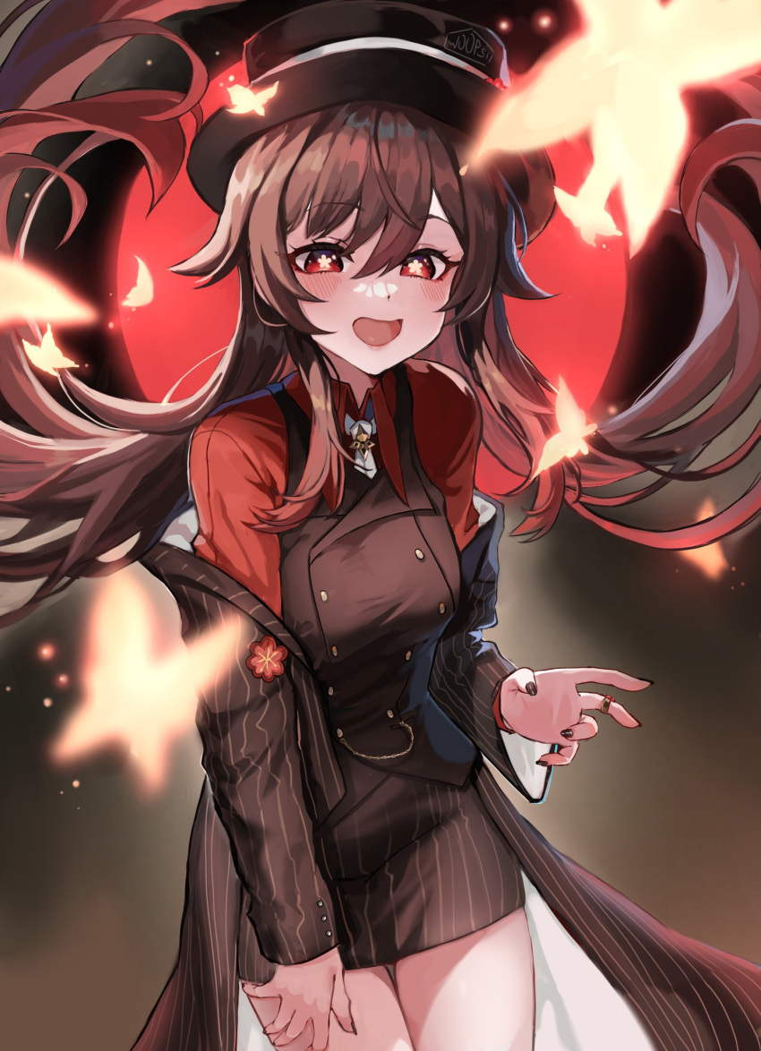 1girl, black_headwear, black_nails, breasts, brown_hair, brown_suit, coat, coat_on_shoulders