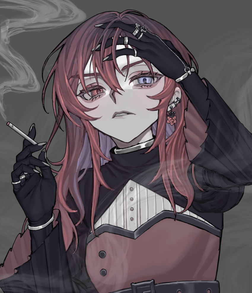 1girl, absurdres, ado_(utaite), black_skin, blue_eyes, bracelet, cigarette, cloud_nine_inc