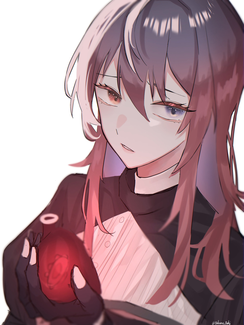 1girl, absurdres, ado_(utaite), black_gloves, blue_eyes, cloud_nine_inc, commentary, domestic_de_violence, dress_shirt, fingerless_gloves, gloves, hair_between_eyes, heterochromia, highres, long_hair, looking_at_viewer, parted_lips, pink_eyes, pink_hair, shirt, simple_background, solo, tia_(ado), tsukuno_tsuki, twitter_username, upper_body, utaite, white_background, white_shirt