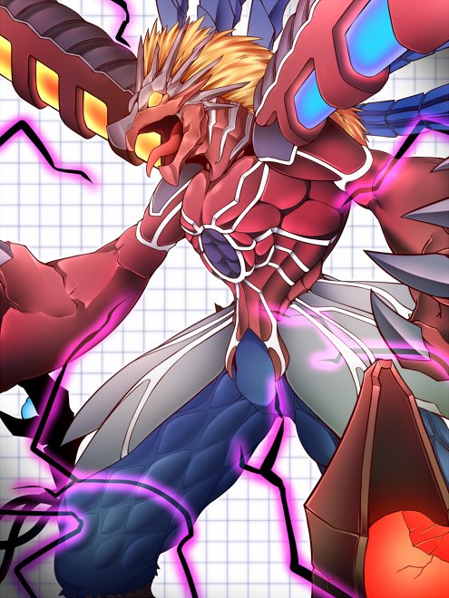 beak, blonde_hair, chronomon, chronomon_destroy_mode, claws, corruption, digimon, digimon_story, electricity, energy, gichigichi_mail, glowing, glowing_eyes, muscular, short_hair, tongue, tongue_out, yellow_eyes