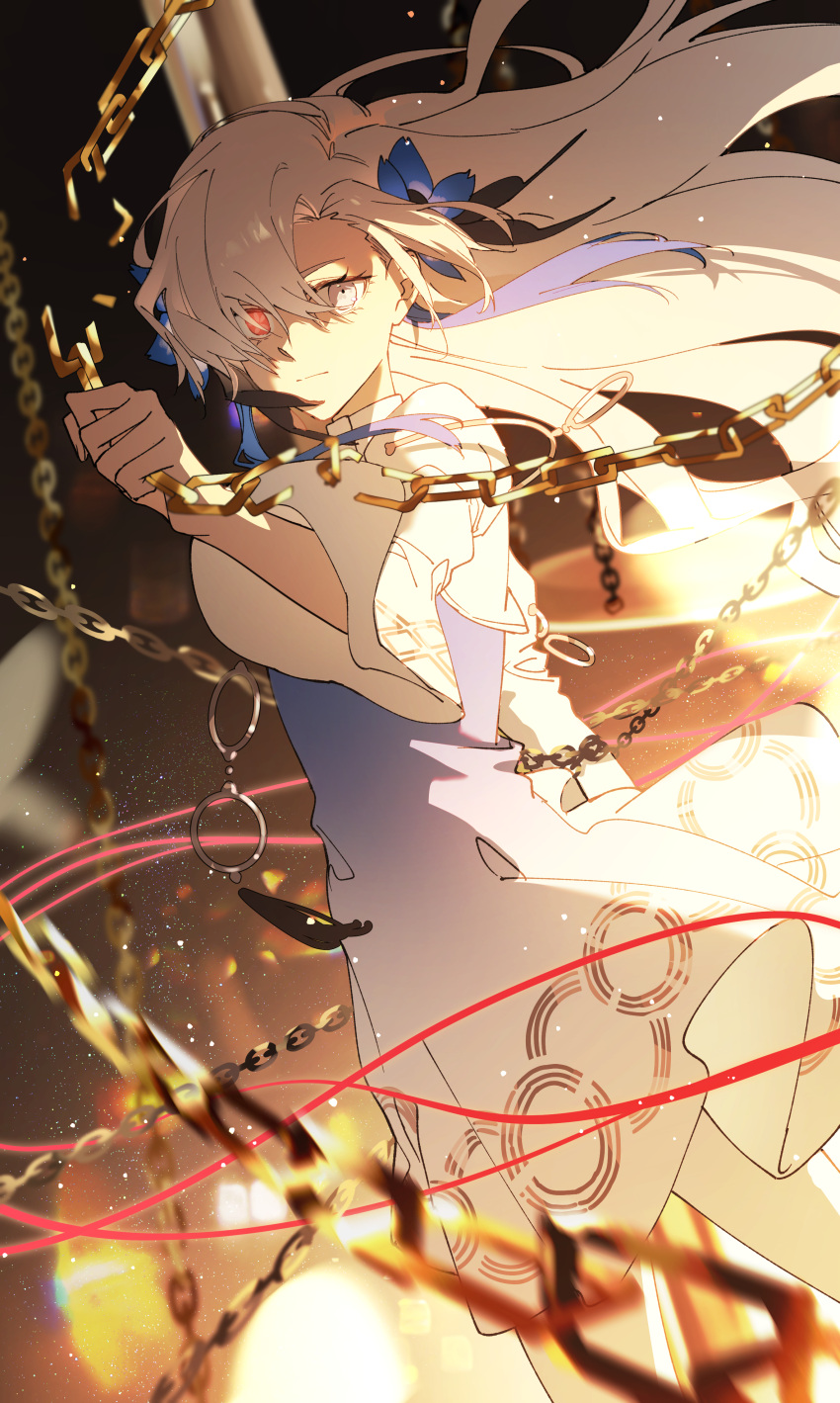 1girl, absurdres, blue_dress, blue_flower, blue_hair, broken, broken_chain, chain