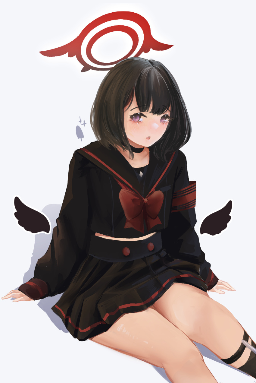 1girl, absurdres, armband, black_hair, black_serafuku, black_wings, blue_archive, blush