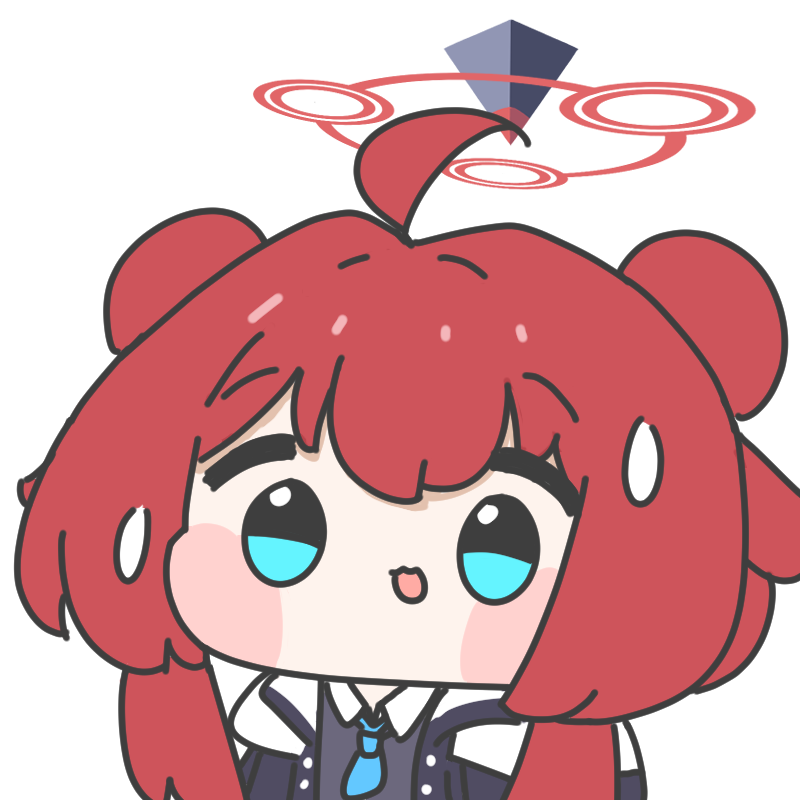 1girl, ahoge, blue_archive, blue_eyes, blue_necktie, blue_sweater_vest, blush_stickers, chamsheol, chibi, double_bun, hair_bun, halo, long_hair, looking_at_viewer, maki_(blue_archive), necktie, nervous, nervous_smile, nervous_sweating, open_mouth, red_halo, redhead, shirt, sidelocks, simple_background, smile, solo, sweat, sweater_vest, upper_body, white_background, white_shirt