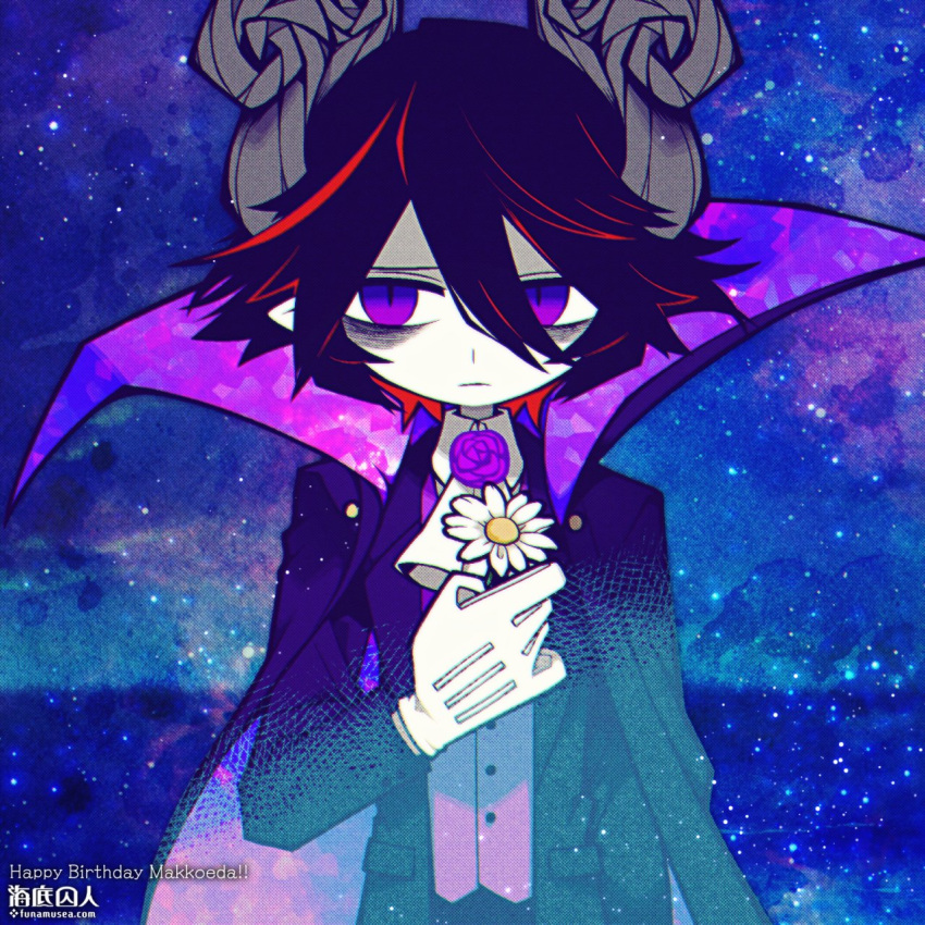 1boy, bags_under_eyes, birthday, black_suit, blue_background, cape, colored_skin, flower