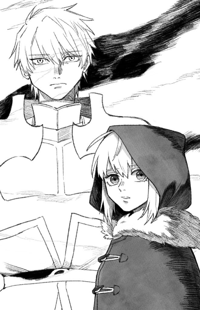 1boy, 1girl, armor, cheeeeese0619, cloak, closed_mouth, fate_(series), fur-trimmed_cloak