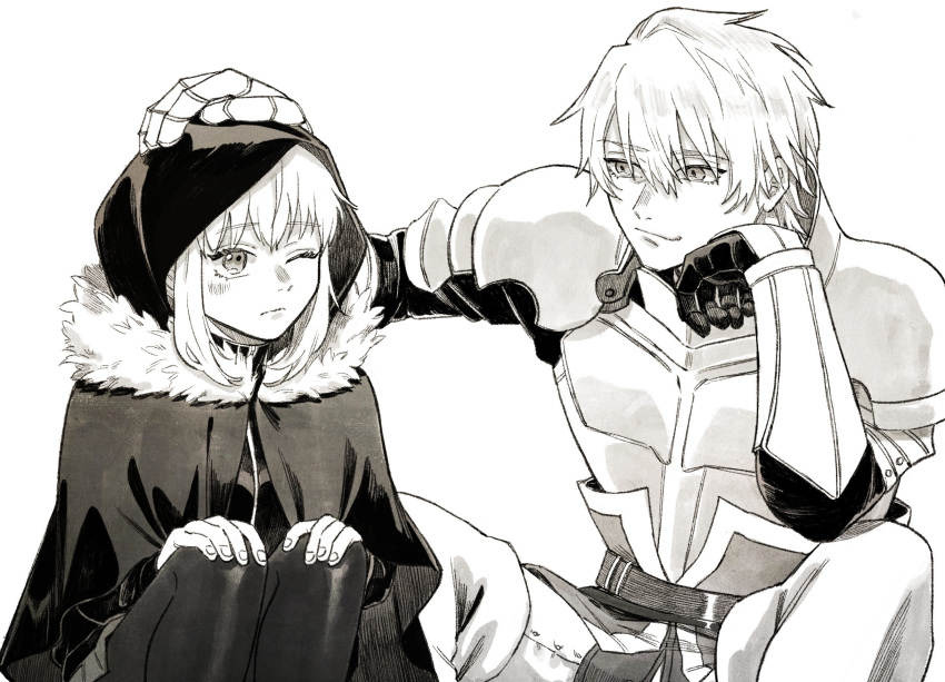 1boy, 1girl, armor, breastplate, cheeeeese0619, cloak, closed_mouth, fate_(series)