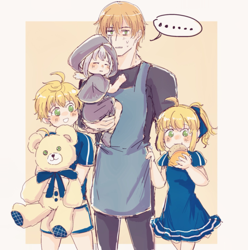 ..., 2boys, 2girls, aged_down, ahoge, apron, arthur_pendragon_(fate), artoria_pendragon_(fate)