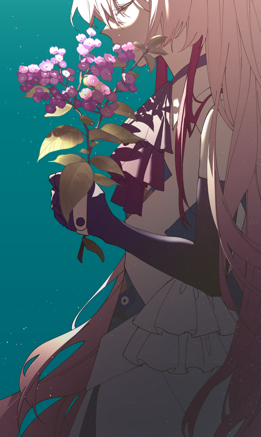 1girl, absurdres, aqua_background, ascot, black_gloves, chinese_commentary, closed_eyes, commentary_request