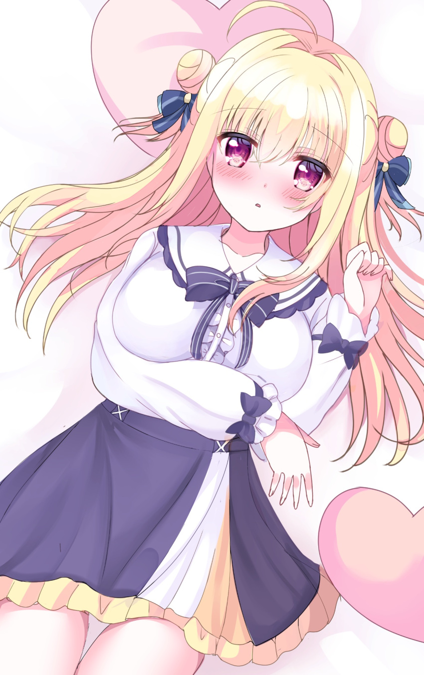 1girl, ahoge, black_bow, black_shirt, blonde_hair, blush, bow, breasts