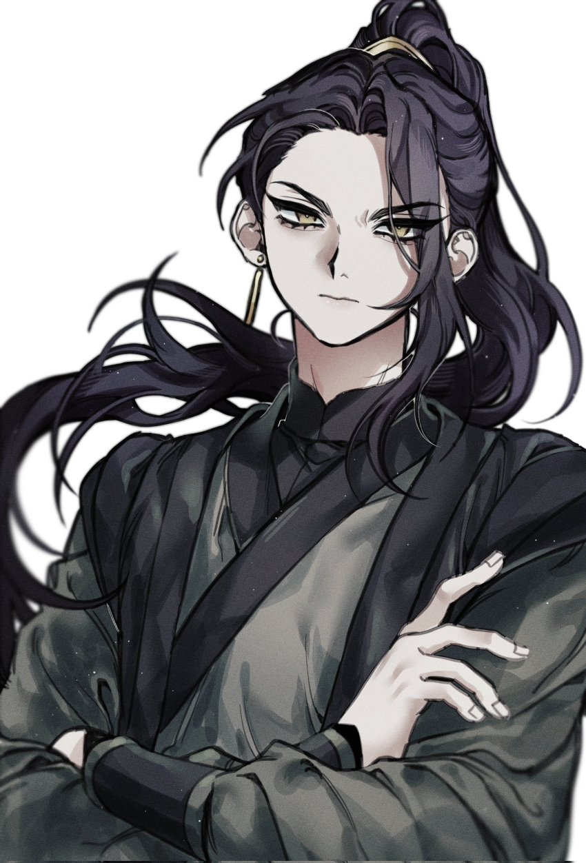 1boy, bisu_(hw3op), black_hair, chinese_clothes, closed_mouth, crossed_arms, earrings, eyelashes