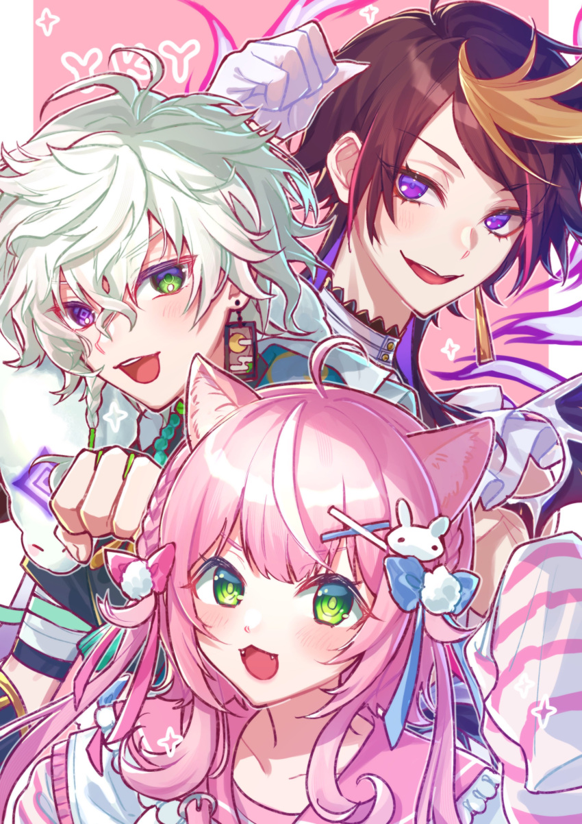 1girl, 2boys, absurdres, ahoge, animal_ear_fluff, animal_ears, black_hair, blonde_hair