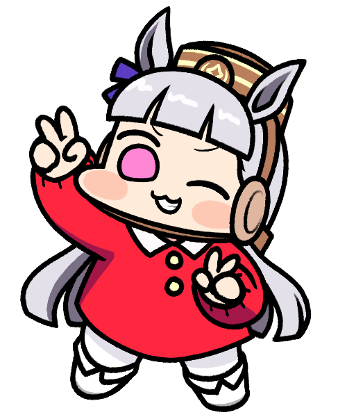 1girl, animal_ears, blunt_bangs, blunt_ends, blush_stickers, bow, brown_headwear, chibi, commentary, derivative_work, double_v, ear_bow, full_body, gold_ship_(umamusume), grey_hair, grin, headgear, horse_ears, horse_girl, jazz_jack, kindergarten_uniform, long_hair, long_sleeves, official_alternate_costume, one_eye_closed, pink_eyes, purple_bow, smile, smock, solo, umamusume, umamusume:_peace_peace_cepea_cepea_golshi-chan, v, wide_face