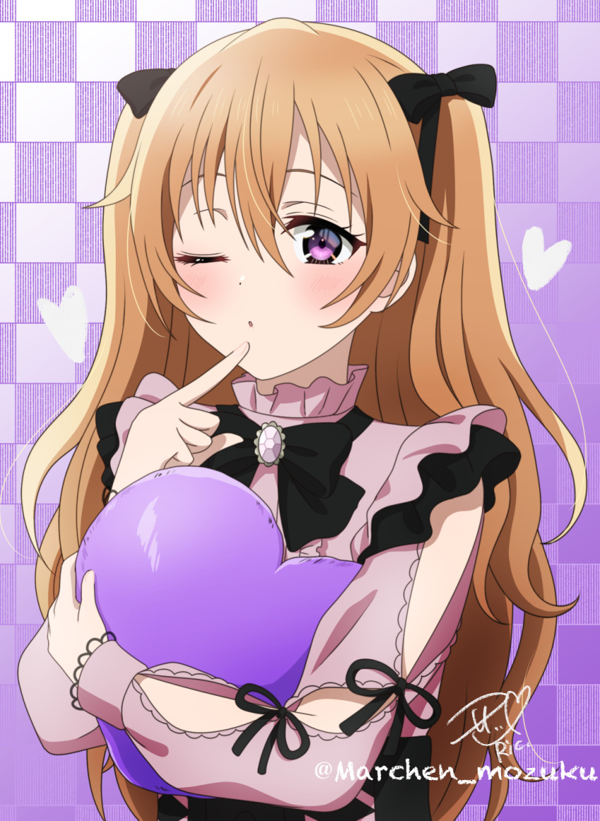 1girl, blush, commentary_request, cooking_with_love, heart, highres, holding, jirai_kei, konoe_kanata, long_hair, looking_at_viewer, love_live!, love_live!_nijigasaki_high_school_idol_club, one_eye_closed, orange_hair, purple_background, ric_(fwpbox), signature, solo, twitter_username, two_side_up, violet_eyes, wavy_hair