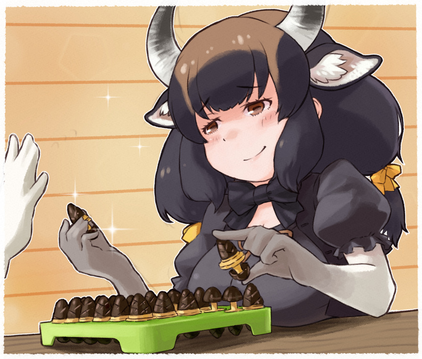 1girl, absurdres, animal_ears, animal_print, banteng_(kemono_friends), black_bow, black_bowtie, black_hair