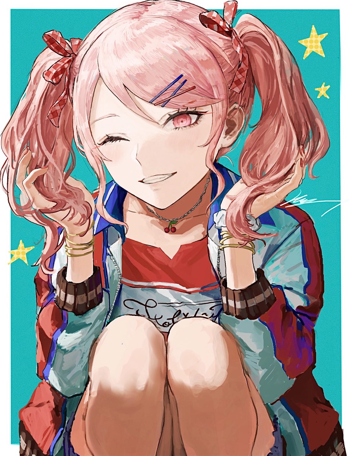 1other, akiyama_mizuki, bracelet, cherry_necklace, hair_ornament, hairclip, highres, jacket