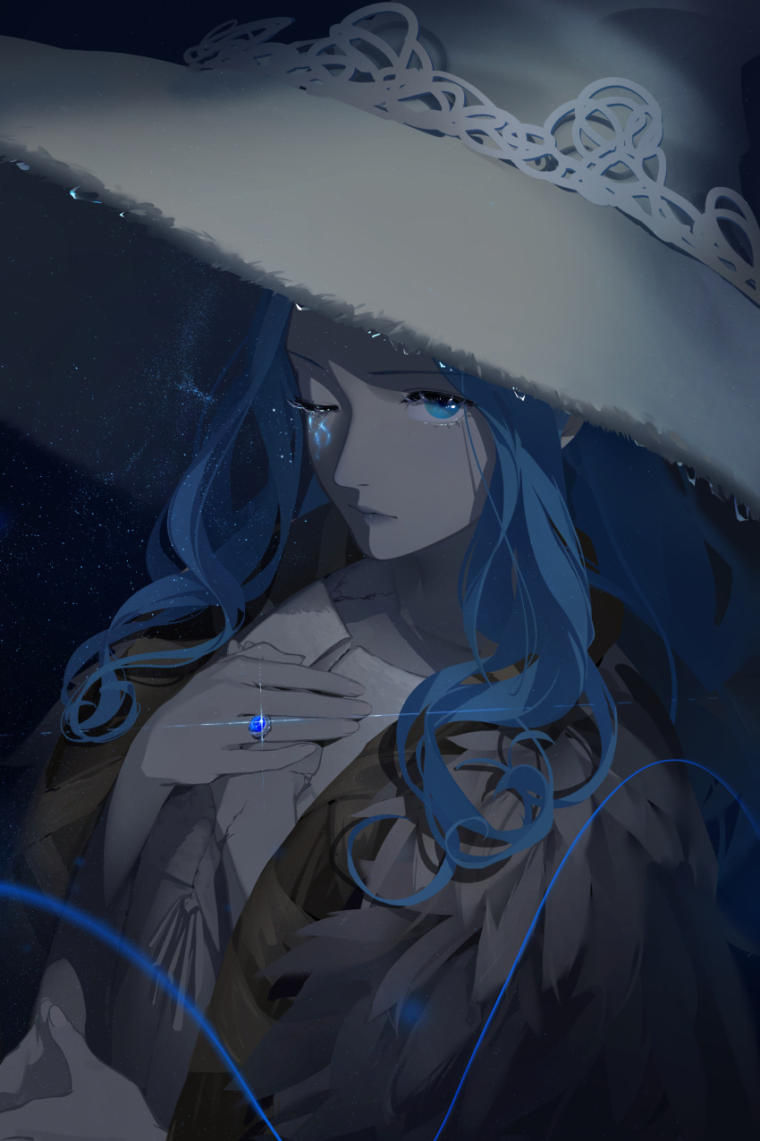 1girl, absurdres, black_background, blue_eyes, blue_hair, brown_cloak, cloak, closed_mouth