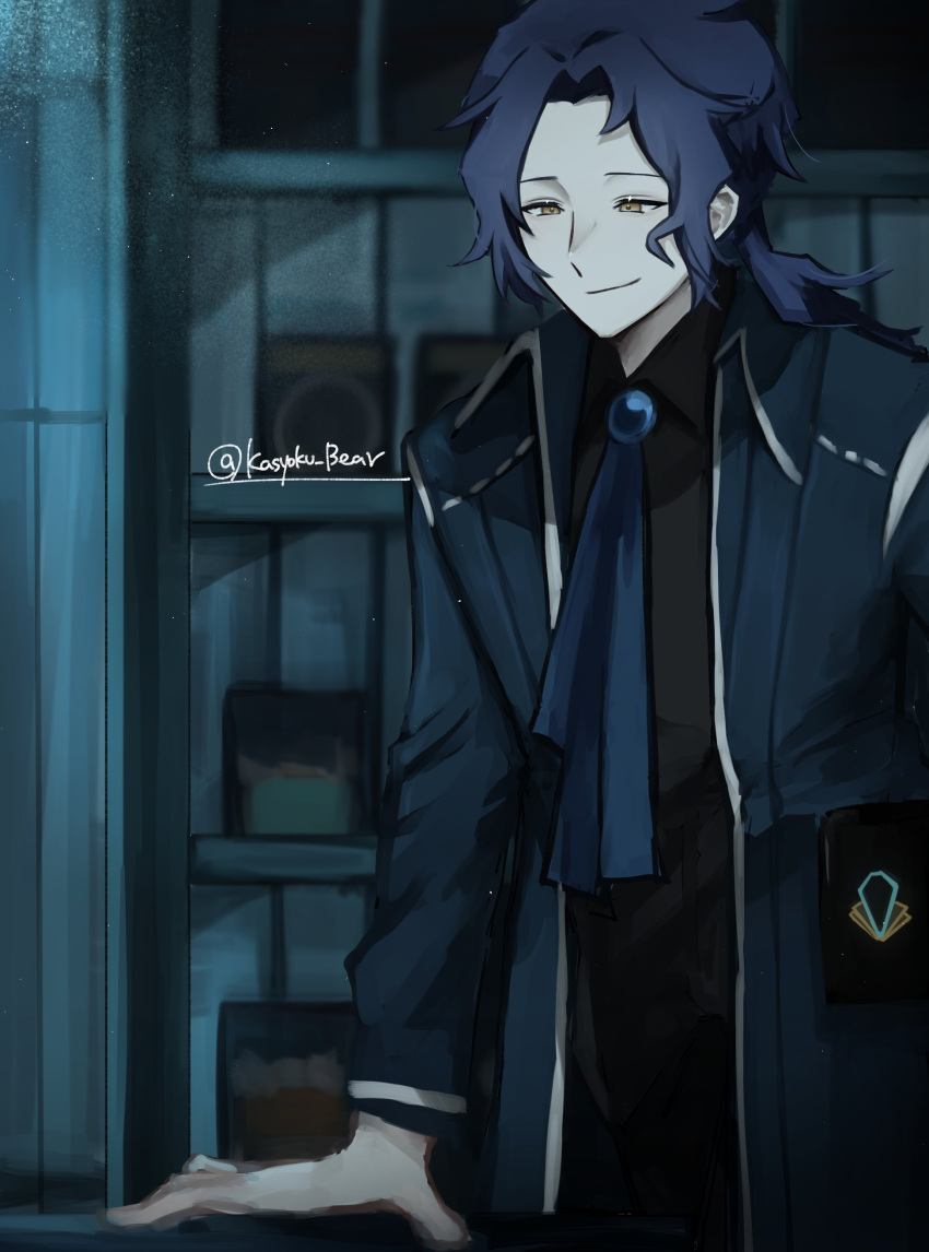 1boy, absurdres, ascot, black_shirt, blue_ascot, blue_coat, blue_hair, brooch