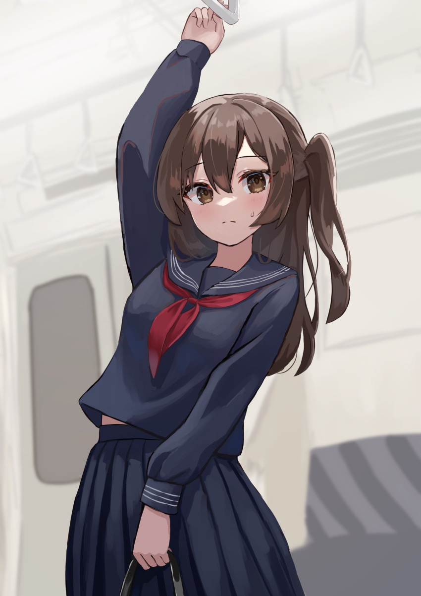1girl, blue_sailor_collar, blue_shirt, blue_skirt, blurry, blurry_background, blush, breasts, brown_eyes, brown_hair, closed_mouth, commentary_request, cowboy_shot, hair_between_eyes, highres, holding_strap, keiyo_earth, long_hair, long_skirt, long_sleeves, looking_at_viewer, midriff_peek, neckerchief, one_side_up, original, red_neckerchief, sailor_collar, school_uniform, serafuku, shirt, skirt, small_breasts, solo, standing, sweatdrop, train, train_interior, uniform