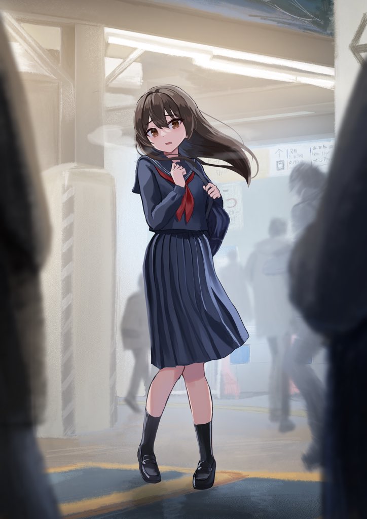 1girl, 6+others, bag, black_footwear, black_socks, blue_sailor_collar, blue_shirt, blue_skirt