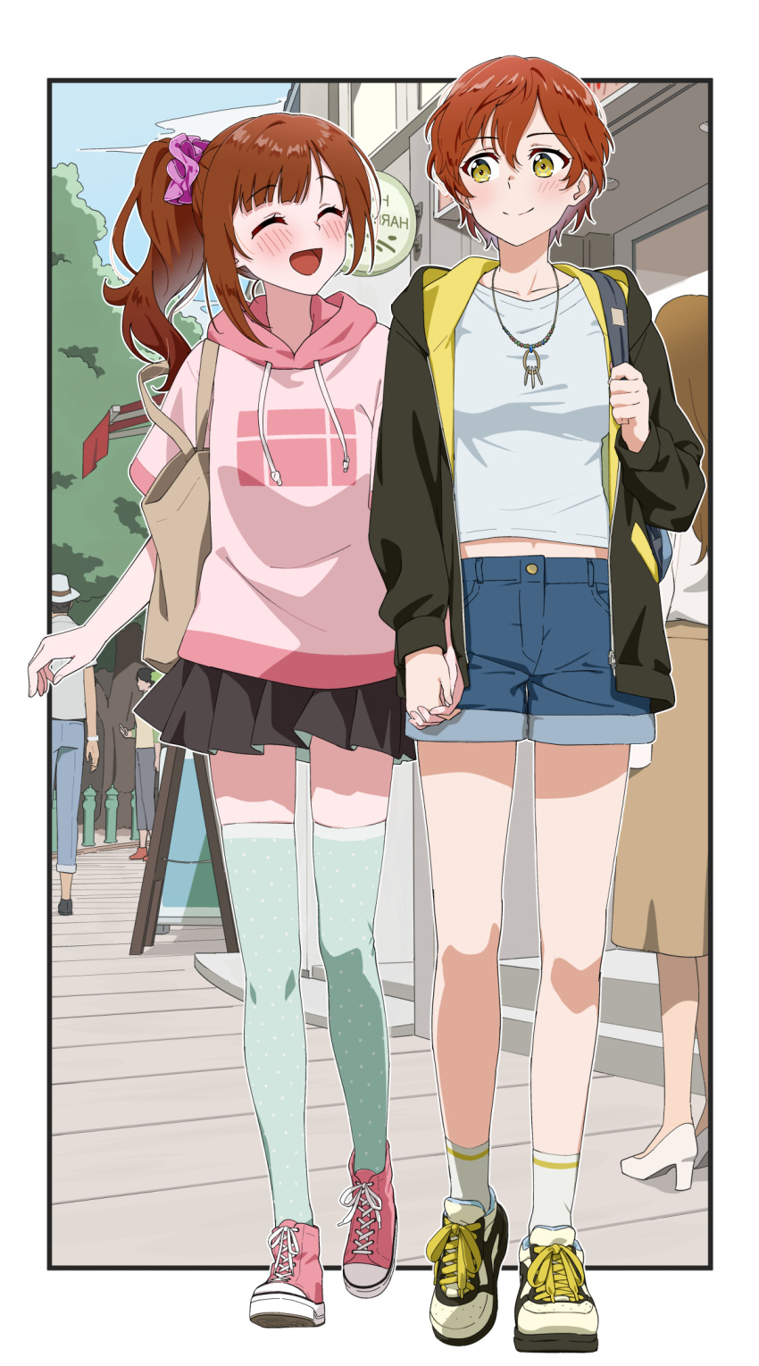 2girls, bag, black_jacket, black_skirt, blue_shorts, blue_sky, blush, breasts