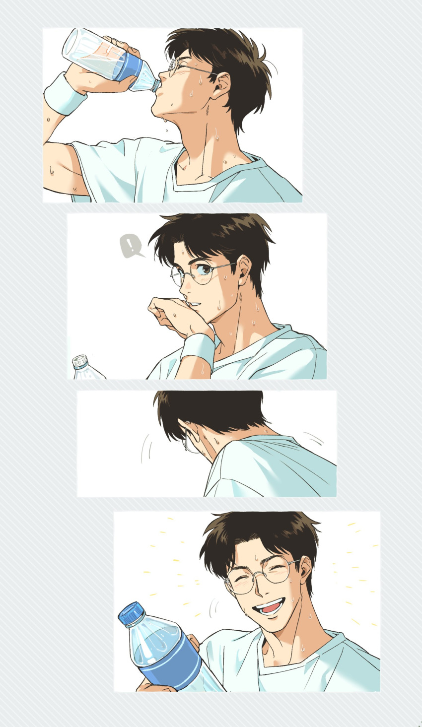 !, 1boy, :d, absurdres, back, beckoning, black_eyes, black_hair