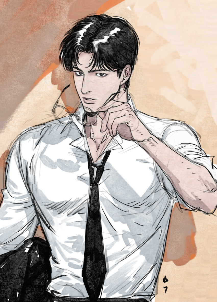 1boy, an_kyoung, bishounen, black_eyes, black_hair, black_necktie, carrying, carrying_under_arm
