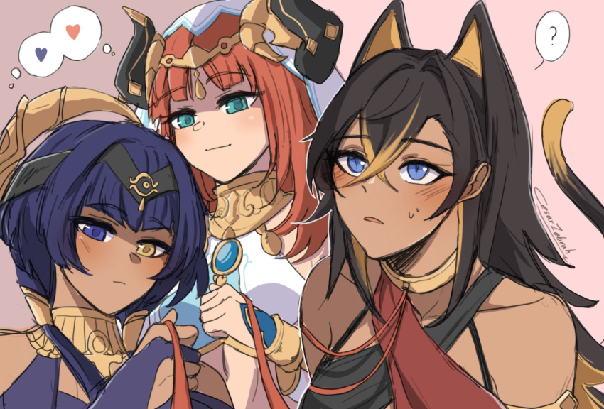 3girls, ?, animal_collar, black_hair, blonde_hair, blue_eyes, blush, candace_(genshin_impact)