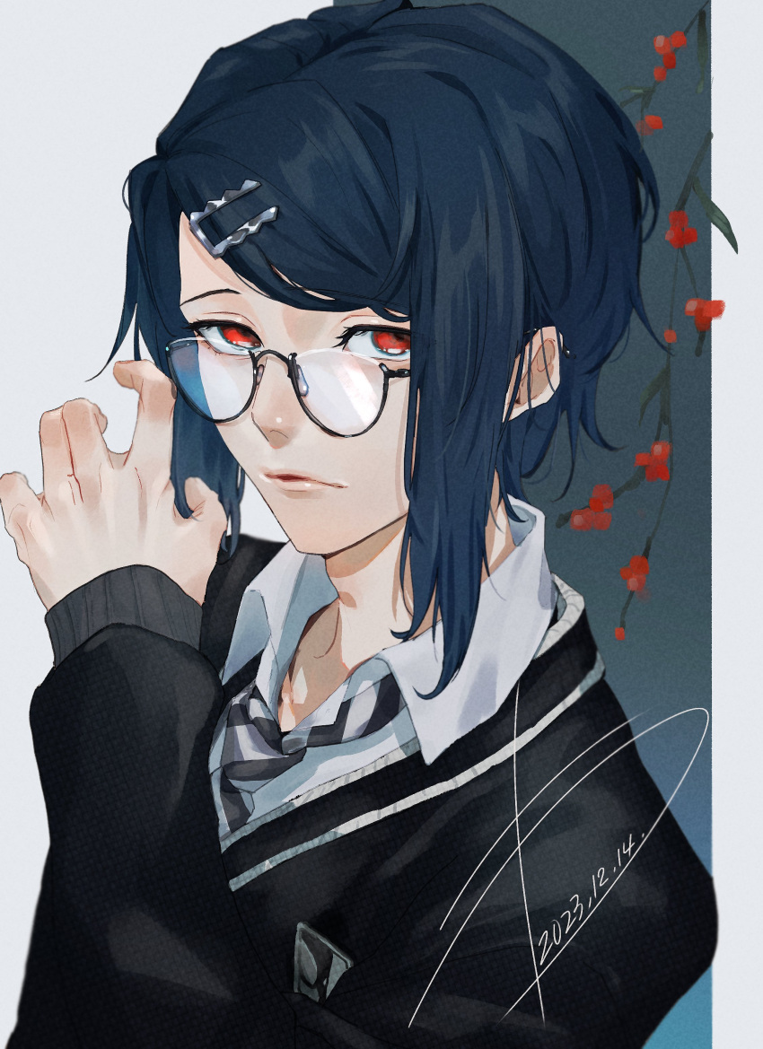 1boy, absurdres, alcryst_(fire_emblem), alternate_costume, asymmetrical_hair, blue_hair, closed_mouth, fire_emblem, fire_emblem_engage, glasses, hair_ornament, hairclip, highres, long_sleeves, looking_at_viewer, male_focus, necktie, red_eyes, school_uniform, short_hair, simple_background, solo, upper_body, wa_gamc