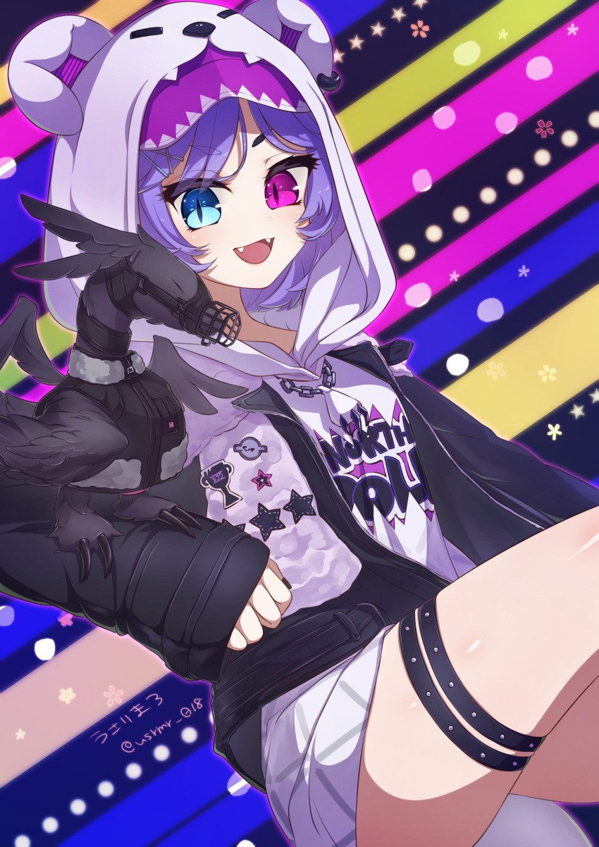 1girl, absurdres, animal_hood, bear_hood, blue_eyes, ember_(selen_tatsuki), fangs, heterochromia