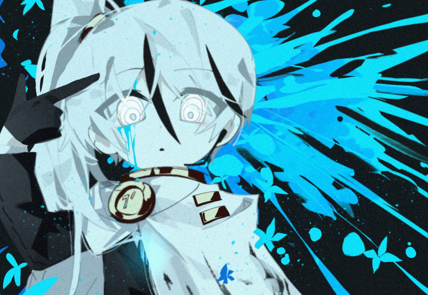1boy, black_gloves, black_jacket, blue_flower, brooch, cape, finger_gun, finger_gun_to_head