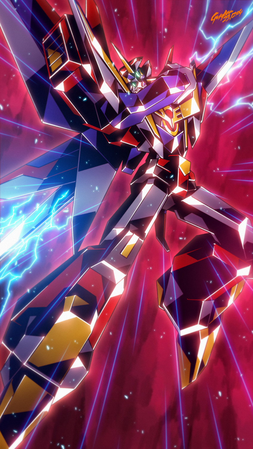 armor, babamba, eldran_series, full_armor, gattai, genki_bakuhatsu_ganbaruger, great_gambaruger, highres, holding, holding_sword, holding_weapon, lightning, mecha, no_humans, robot, sunrise_(company), super_robot, sword, weapon