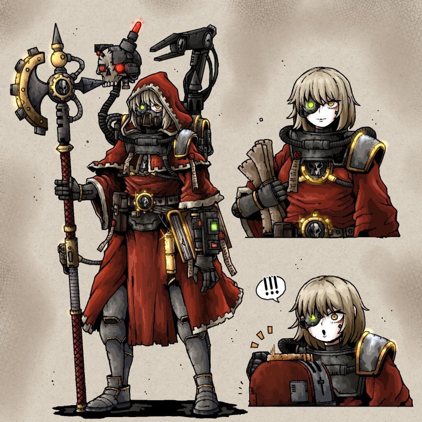 !, !!, 1girl, adeptus_mechanicus, axe, blonde_hair, bread, bread_slice