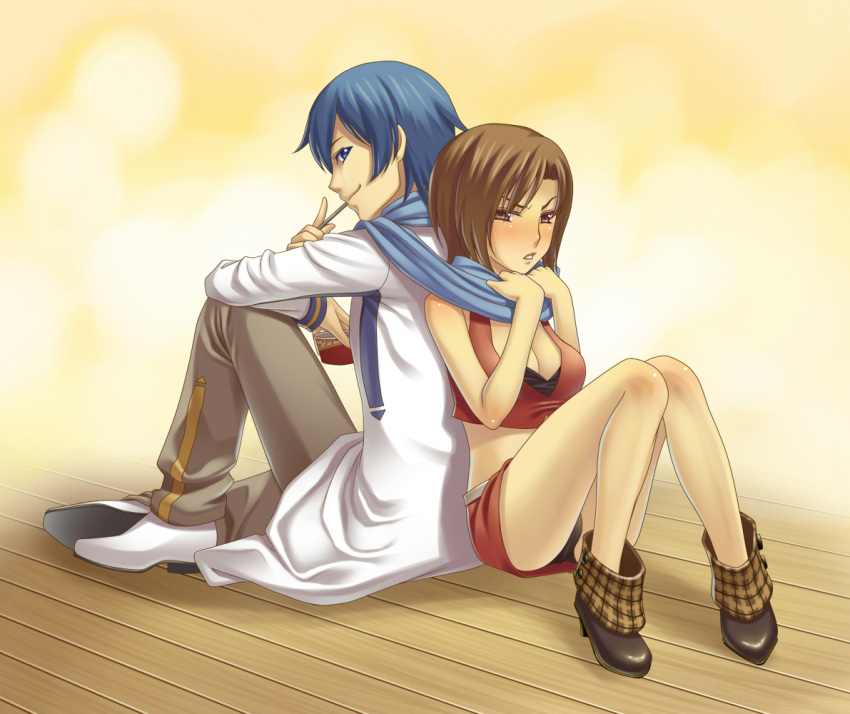 1boy, 1girl, bad_id, black_panties, blue_eyes, blue_hair, blue_scarf, blush