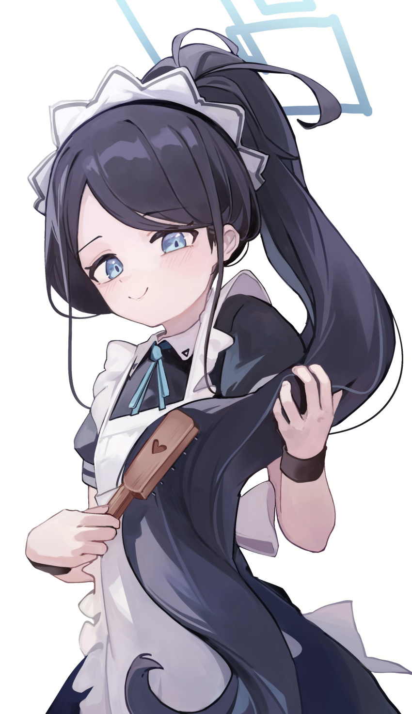 1girl, absurdres, apron, aris_(blue_archive), aris_(maid)_(blue_archive), black_dress, black_hair, black_wristband