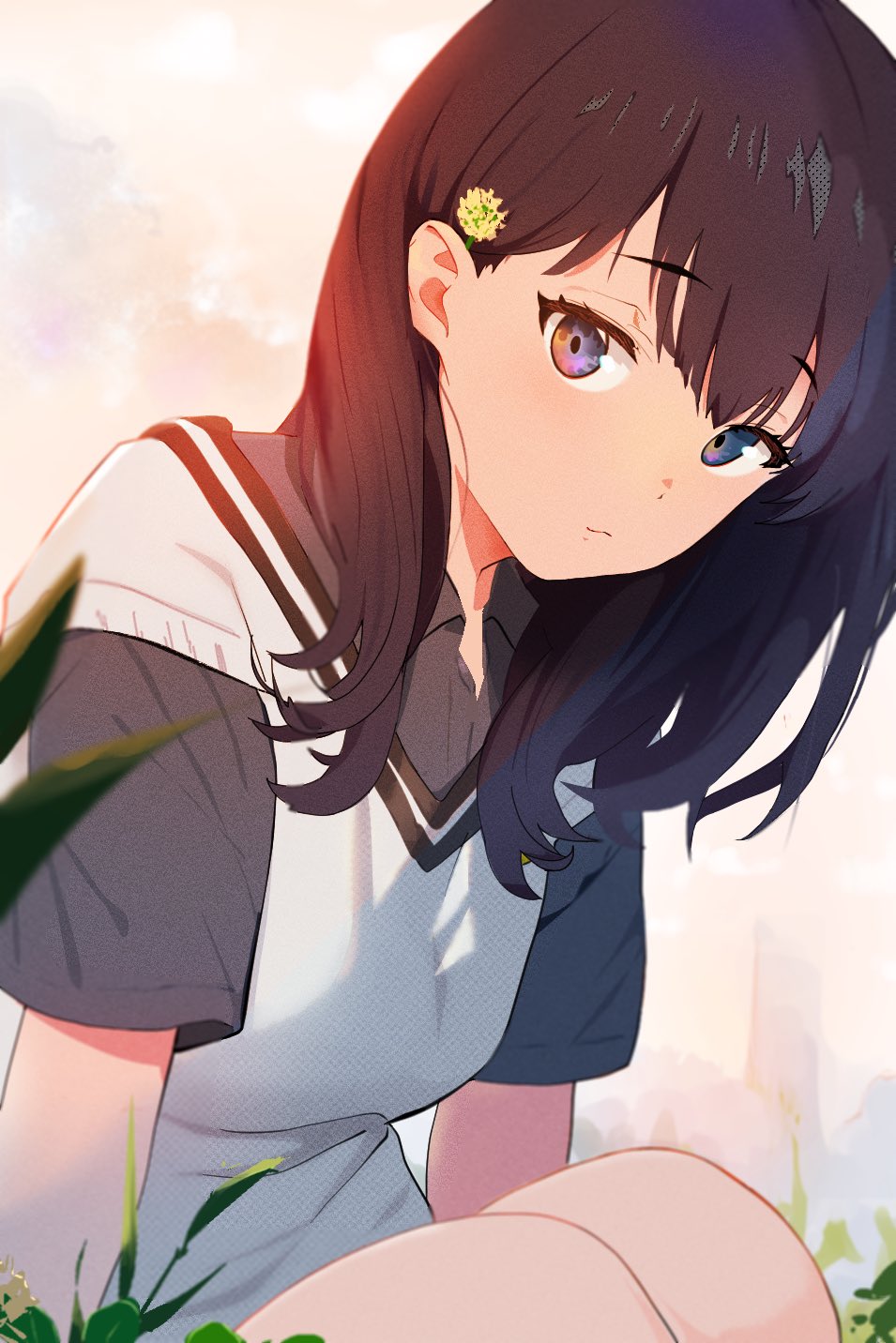 1girl, black_hair, black_shirt, blue_eyes, breasts, cardigan, flower, gridman_universe
