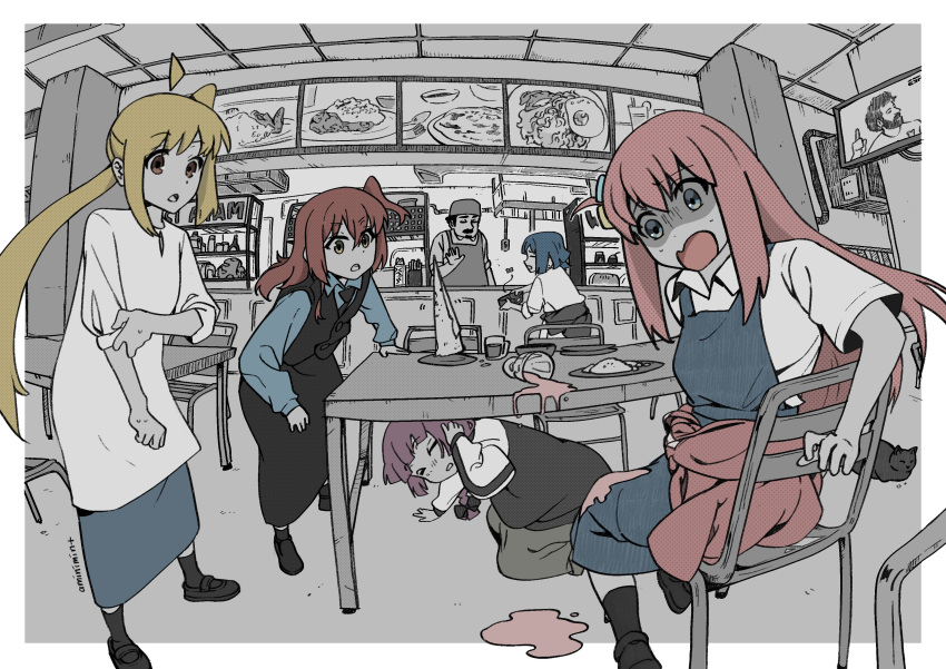1boy, 5girls, absurdres, ahoge, all_fours, amin_(aminimint), apron, black_jacket