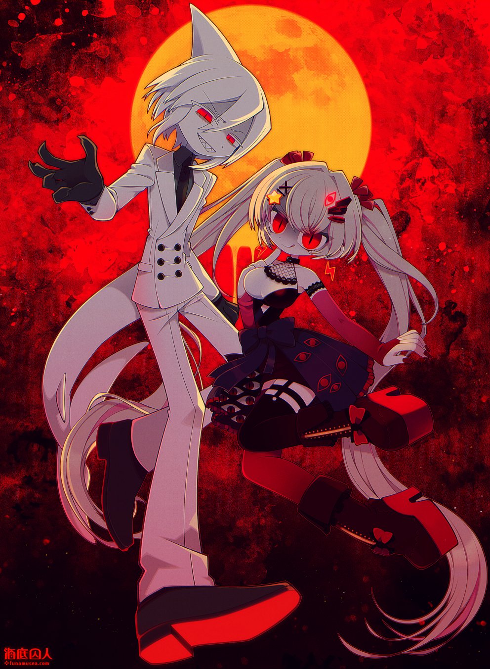 1boy, 1girl, :p, black_bow, boots, bow, breasts, buttons, colored_skin, commission, crossover, crystal_hair_ornament, evil_smile, eye_hair_ornament, fins, fish_tail, funamusea, funamusea_(artist), gloves, hair_between_eyes, hair_ornament, hairclip, high-waist_skirt, highres, large_breasts, long_sleeves, moon, official_art, oounabara_to_wadanohara, pants, pantyhose, phase_connect, pink_bow, red_eyes, red_sky, rinkou_ashelia, rinkou_ashelia_(1st_costume), shark_boy, shark_fin, shark_tail, sharp_teeth, shoes, skeb_commission, skirt, sky, smile, star_(symbol), star_hair_ornament, suit, syake_(wadanohara), tail, teeth, tongue, tongue_out, white_hair, white_skin, white_suit