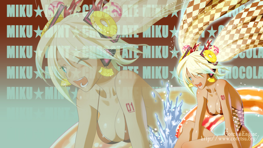 alternate_color, alternate_costume, bikini, blonde_hair, blue_eyes, casual_one-piece_swimsuit, checkered, dark_skin